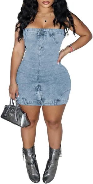 HTD Denim Dress for Women Sexy Strapless Mini Dress Casual Bodycon Tube Jean Dresses