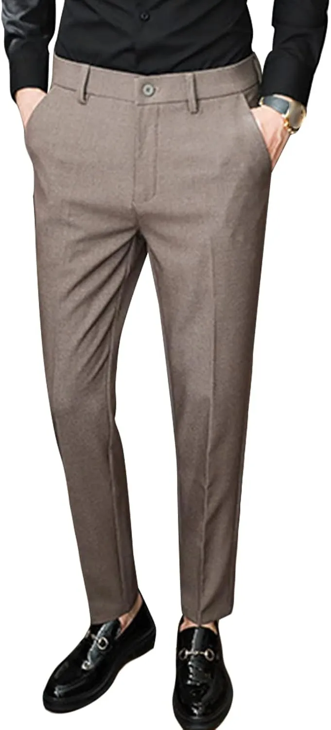 JEShifangjiusu Men's Skinny Stretchy Khaki Pants Slim Fit Slacks Tapered Trousers Wrinkle-Free Comfort Dress Chino Pant, Brown, 30