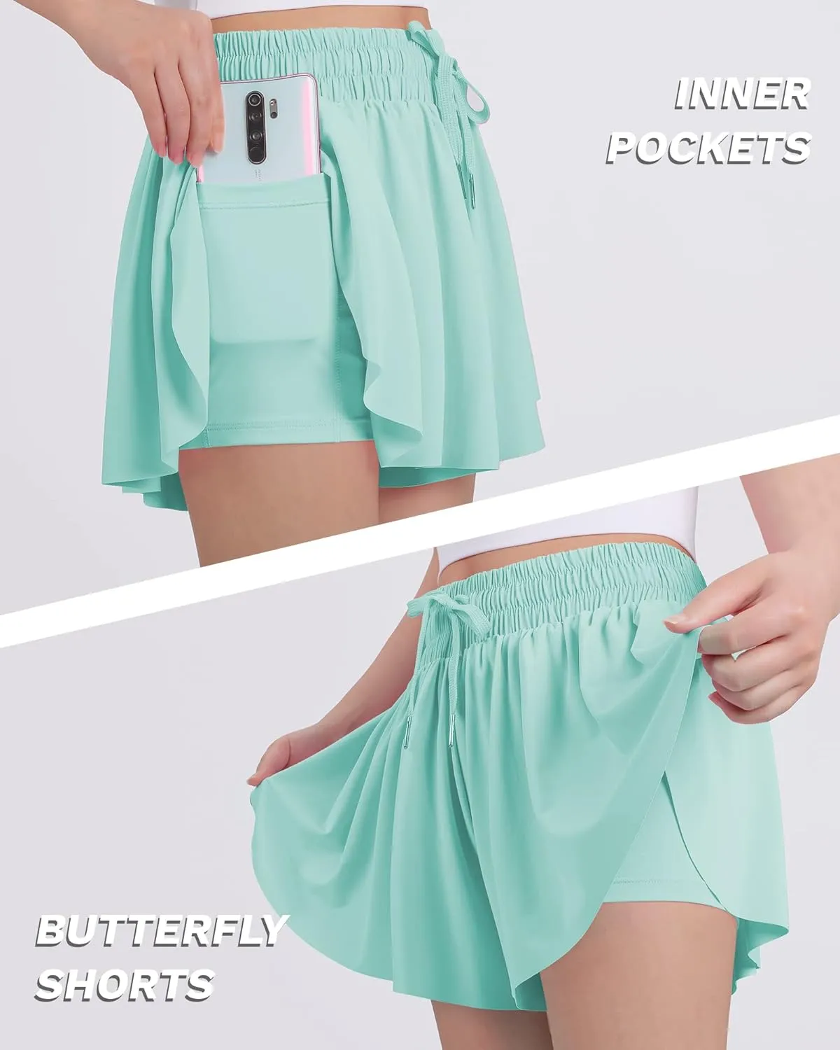 JOCMIC Girls Flowy Shorts, 2 in 1 Preppy Butterfly Shorts with Spandex Liner for Cheer Athletic Gym Teens Casual Clothes