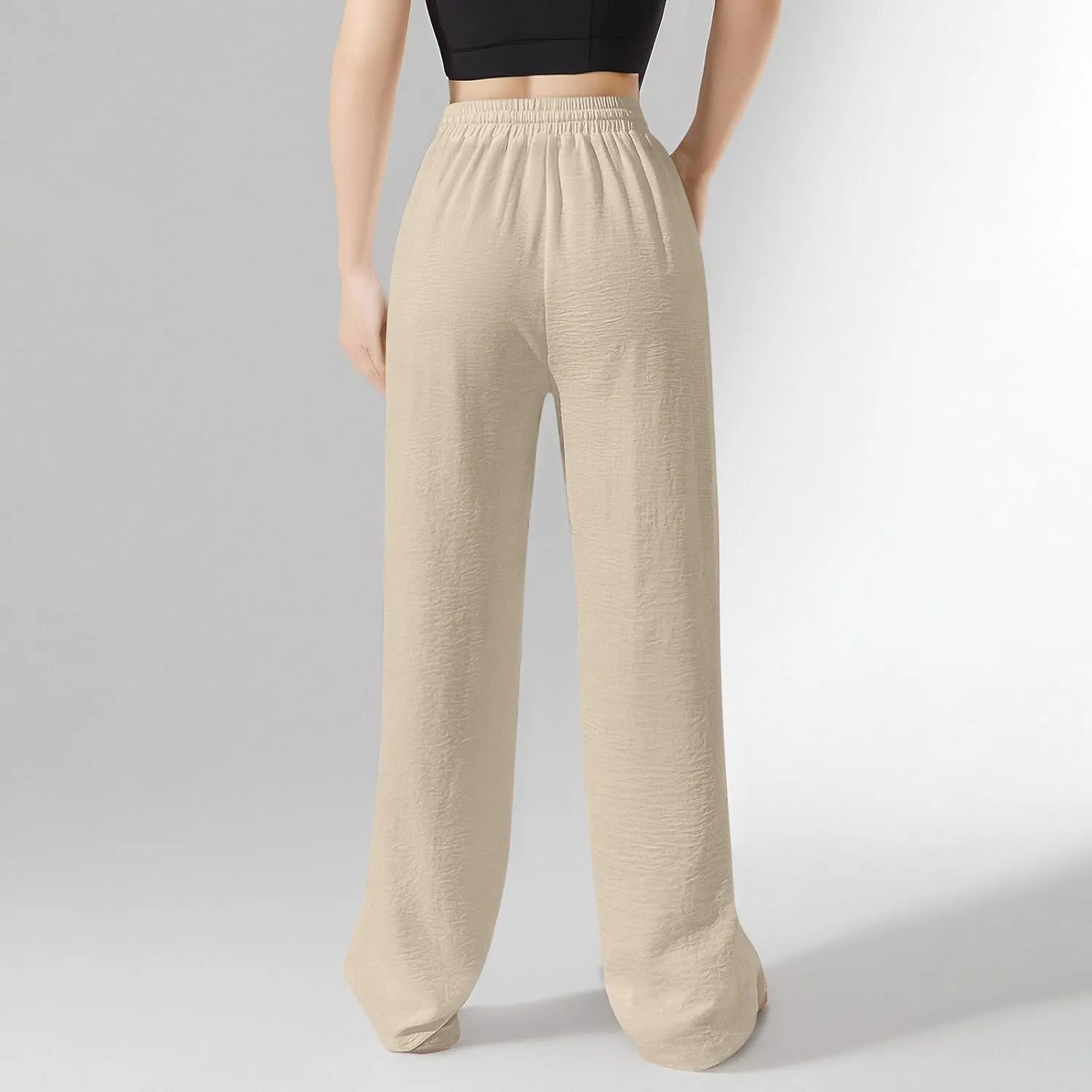 Ladies Linen Pants Summer Drawstring High Waist Wide Leg Pants Casual Palazzo Pant Fashion Trouser with Pockets