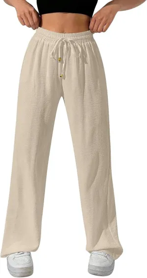 Ladies Linen Pants Summer Drawstring High Waist Wide Leg Pants Casual Palazzo Pant Fashion Trouser with Pockets