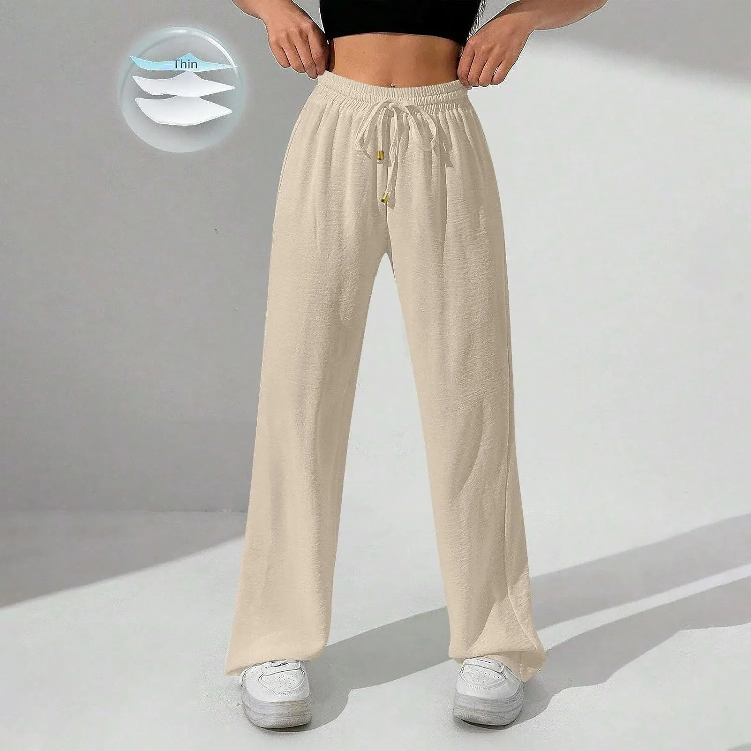 Ladies Linen Pants Summer Drawstring High Waist Wide Leg Pants Casual Palazzo Pant Fashion Trouser with Pockets