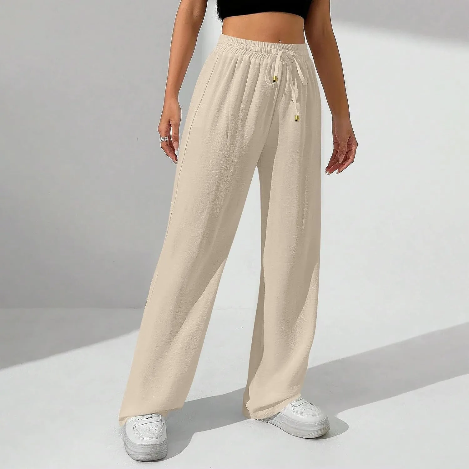 Ladies Linen Pants Summer Drawstring High Waist Wide Leg Pants Casual Palazzo Pant Fashion Trouser with Pockets