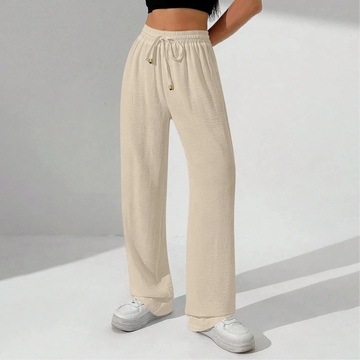 Ladies Linen Pants Summer Drawstring High Waist Wide Leg Pants Casual Palazzo Pant Fashion Trouser with Pockets