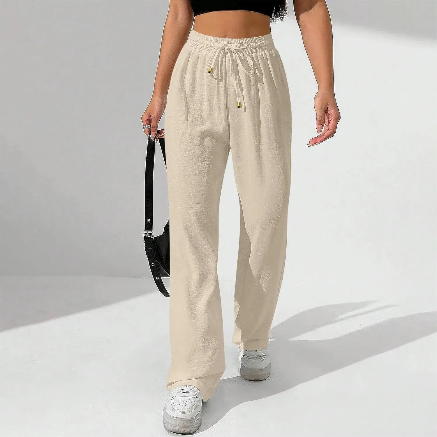 Ladies Linen Pants Summer Drawstring High Waist Wide Leg Pants Casual Palazzo Pant Fashion Trouser with Pockets