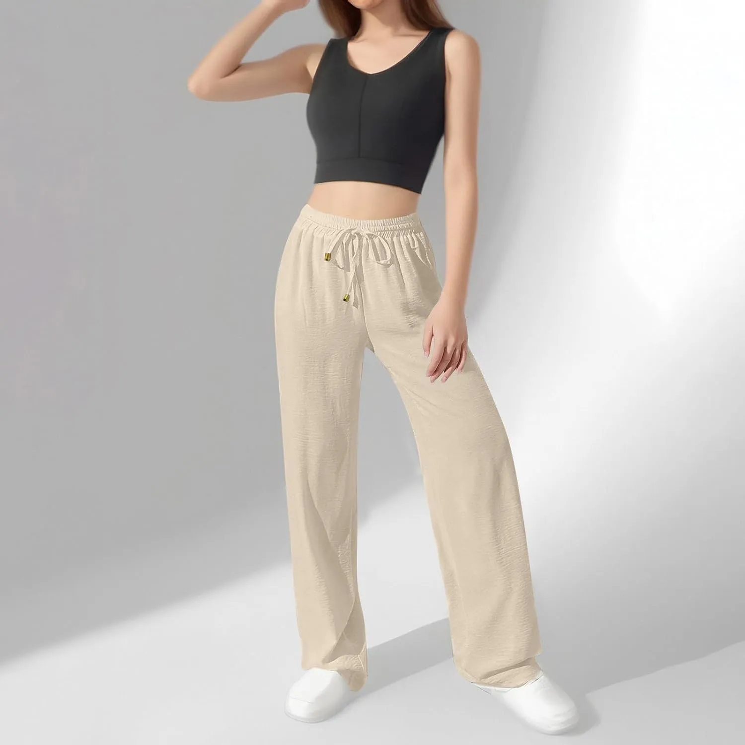 Ladies Linen Pants Summer Drawstring High Waist Wide Leg Pants Casual Palazzo Pant Fashion Trouser with Pockets