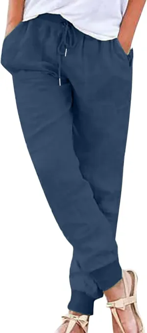 Linen Blend Pants for Women Plus Size Skinny Leg Trousers Elastic Waist Drawstring Pants Loose Fit Summer Pants