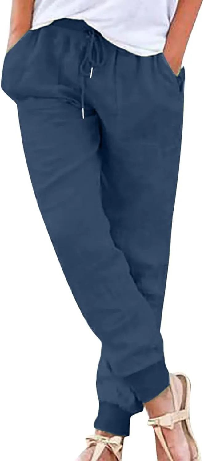 Linen Blend Pants for Women Plus Size Skinny Leg Trousers Elastic Waist Drawstring Pants Loose Fit Summer Pants