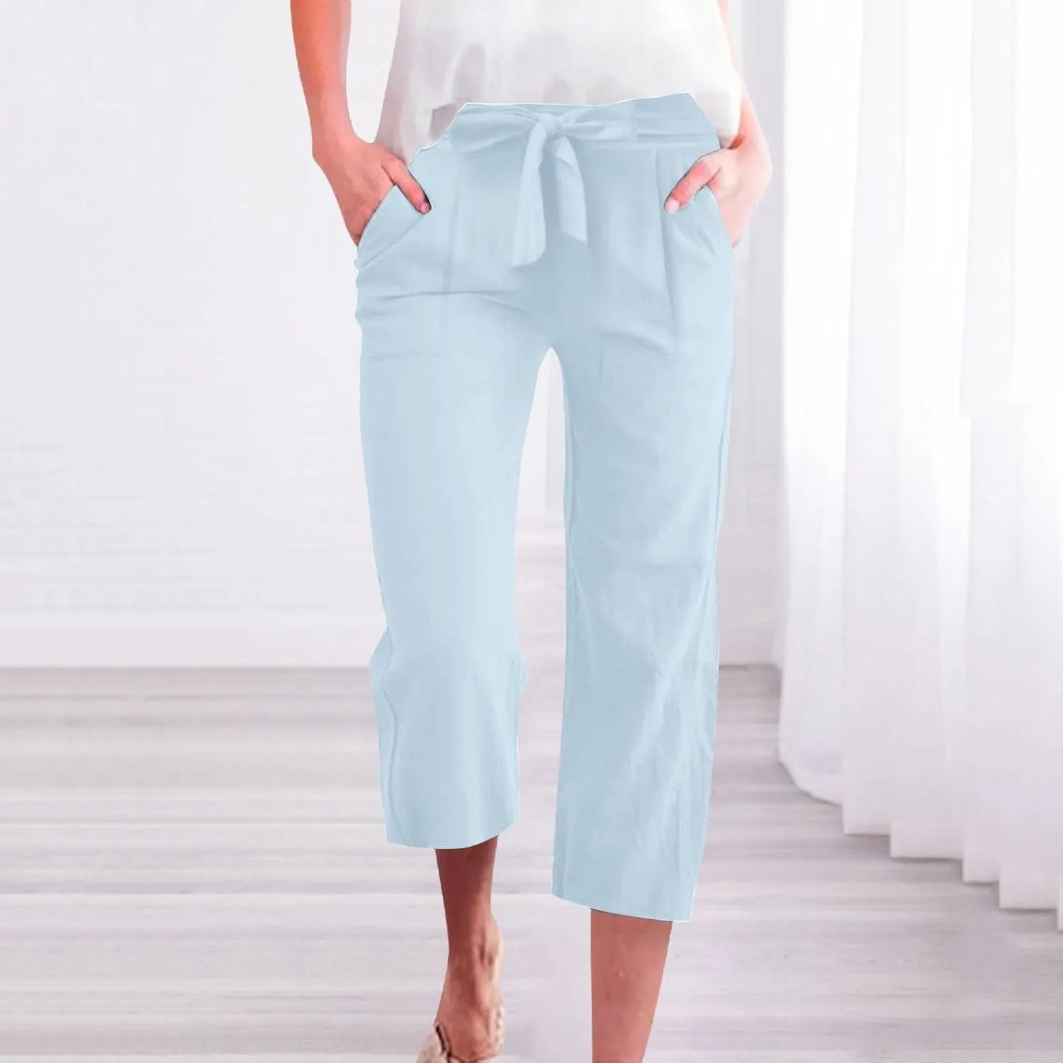 Linen Capri Pants for Women Cotton Casual Summer Capris Drawstring High Waist Pants Wide Leg Cropped Trousers