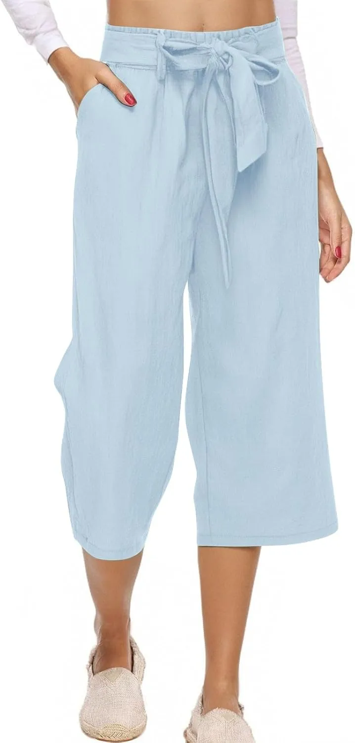 Linen Capri Pants for Women Cotton Casual Summer Capris Drawstring High Waist Pants Wide Leg Cropped Trousers