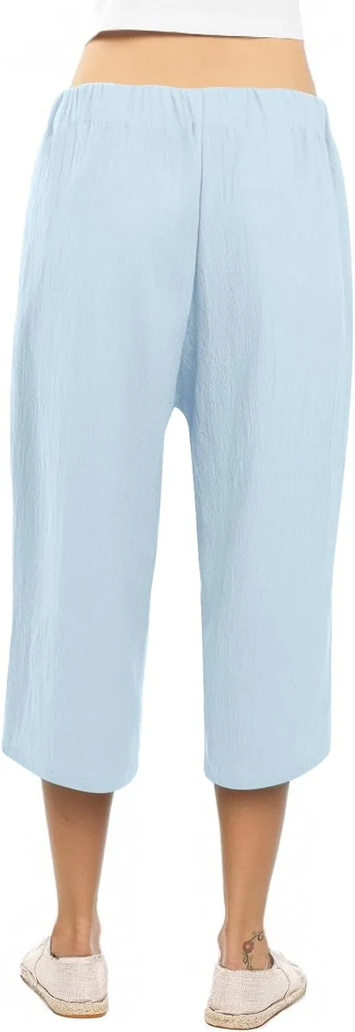 Linen Capri Pants for Women Cotton Casual Summer Capris Drawstring High Waist Pants Wide Leg Cropped Trousers