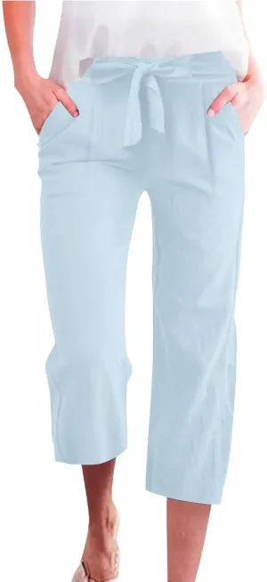 Linen Capri Pants for Women Cotton Casual Summer Capris Drawstring High Waist Pants Wide Leg Cropped Trousers