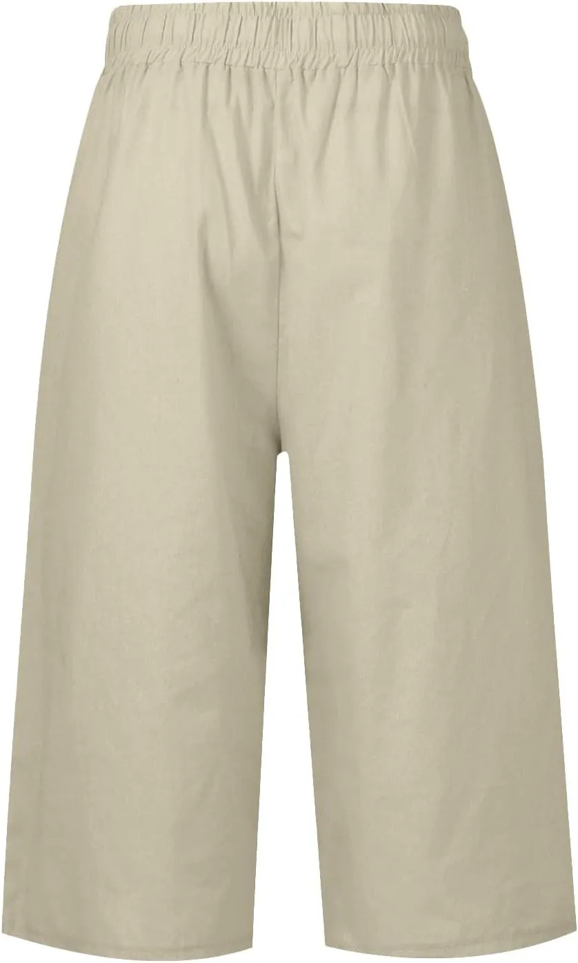 Linen Capri Pants Women Plus Size Elastic Waist Drawstring Wide Leg Cropped Lounge Trousers Summer Beach Pant Outfits