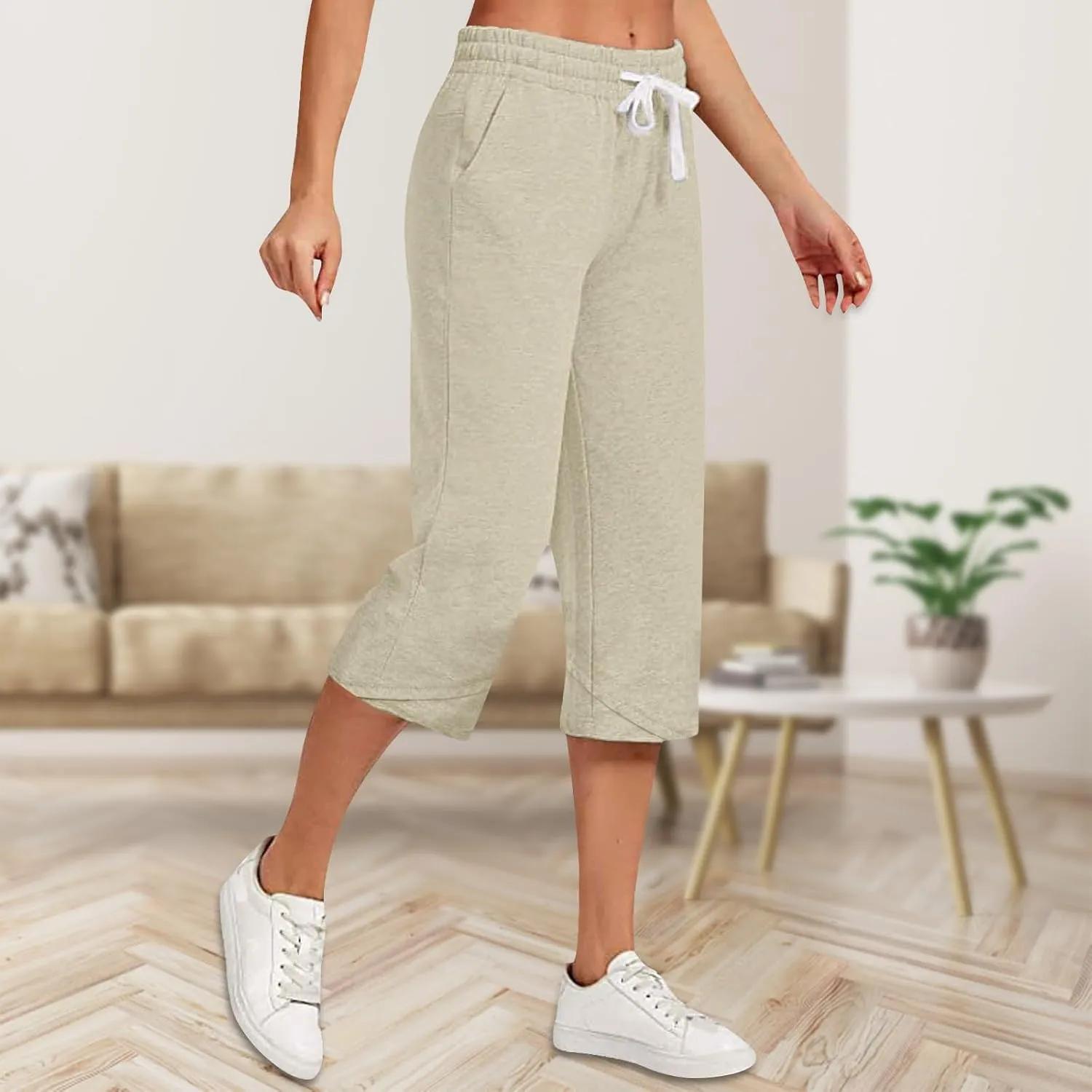 Linen Capri Pants Women Plus Size Elastic Waist Drawstring Wide Leg Cropped Lounge Trousers Summer Beach Pant Outfits