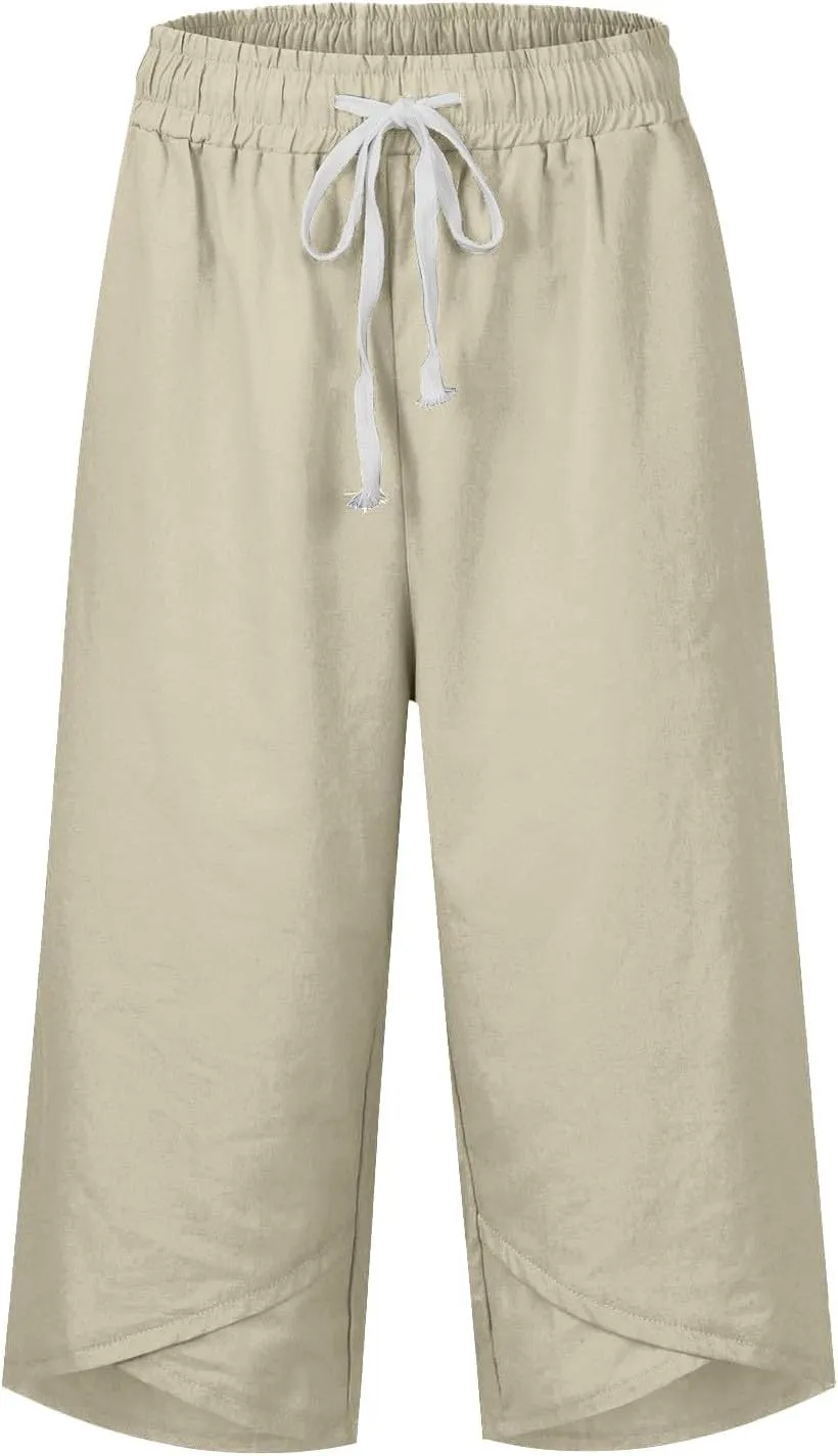 Linen Capri Pants Women Plus Size Elastic Waist Drawstring Wide Leg Cropped Lounge Trousers Summer Beach Pant Outfits