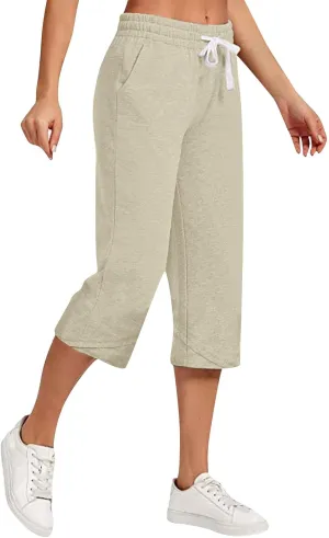 Linen Capri Pants Women Plus Size Elastic Waist Drawstring Wide Leg Cropped Lounge Trousers Summer Beach Pant Outfits