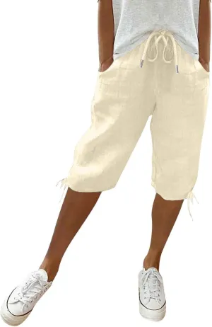 Linen Drawstring Pants for Women Lightweight Shorts High Waisted Casual Summer Drawstring Beach Vacation Outfit