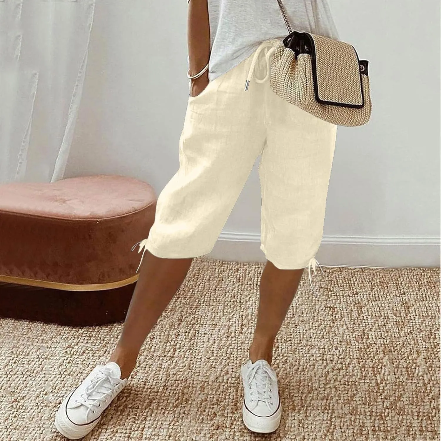 Linen Drawstring Pants for Women Lightweight Shorts High Waisted Casual Summer Drawstring Beach Vacation Outfit
