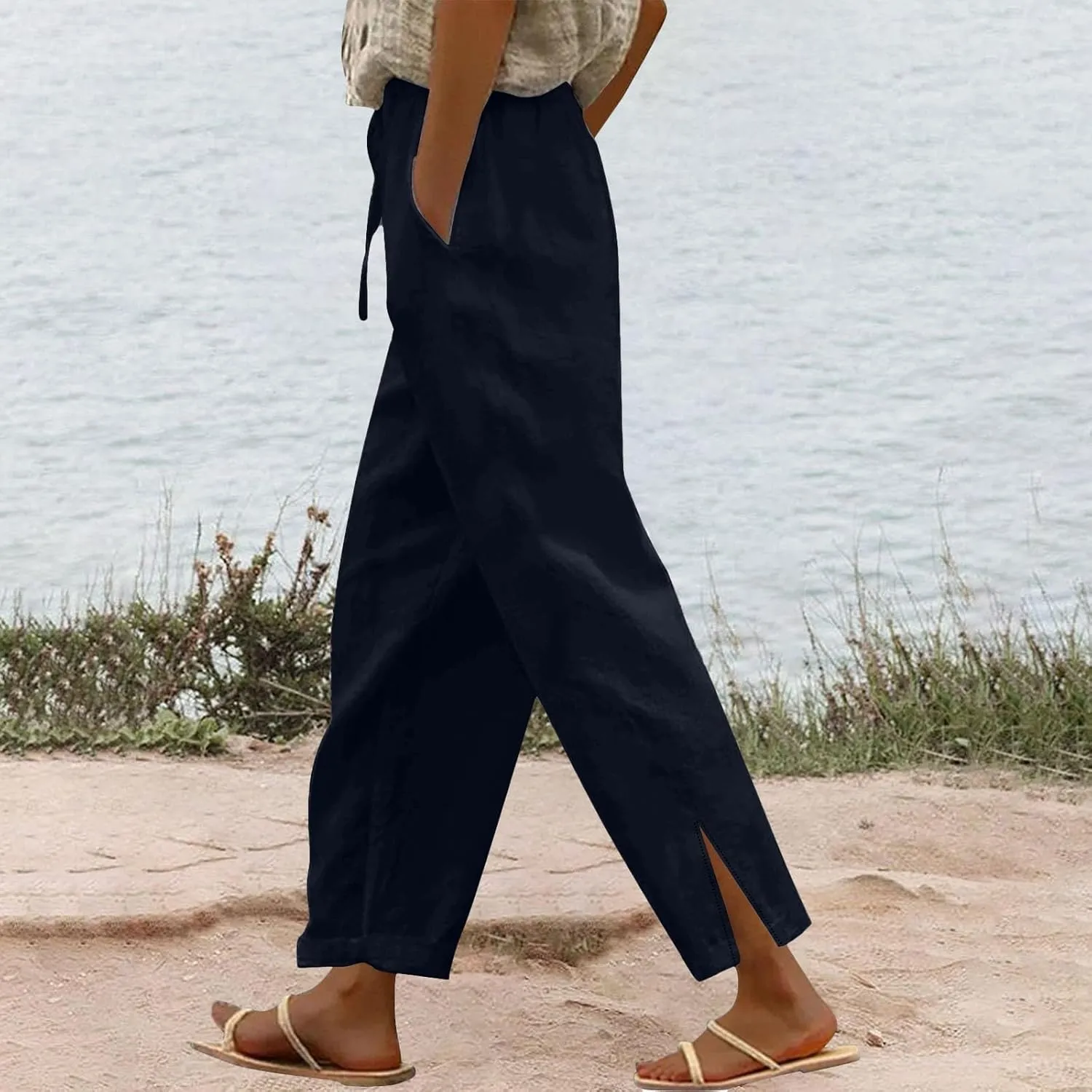 Linen Palazzo Pants for Women Cropped Pants Cotton High Waisted Straight Leg Trousers Loose Summer Lounge Trousers