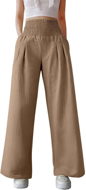 Linen Palazzo Pants for Women High Waist Summer Wide Leg Pants Lightweight Flowy Drawstring Smocked Lounge