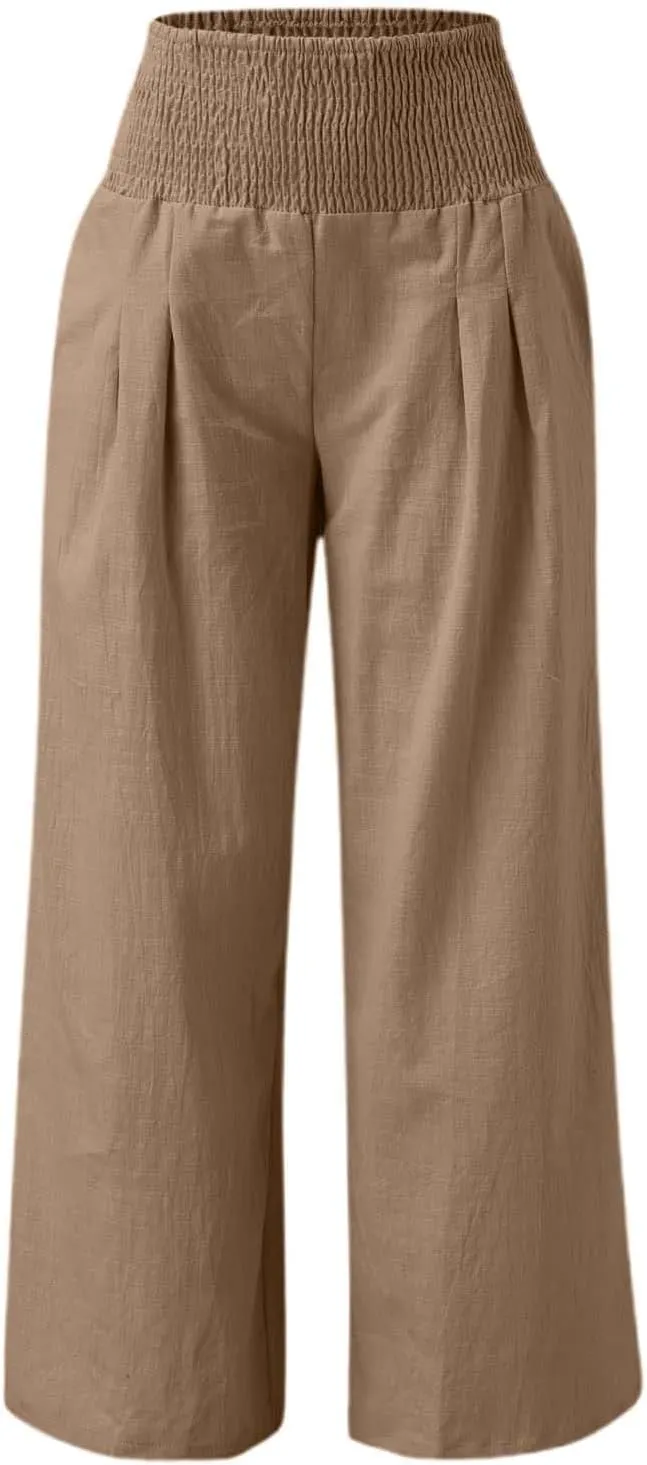Linen Palazzo Pants for Women High Waist Summer Wide Leg Pants Lightweight Flowy Drawstring Smocked Lounge