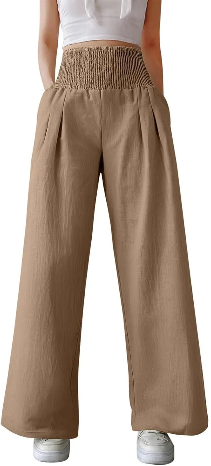 Linen Palazzo Pants for Women High Waist Summer Wide Leg Pants Lightweight Flowy Drawstring Smocked Lounge
