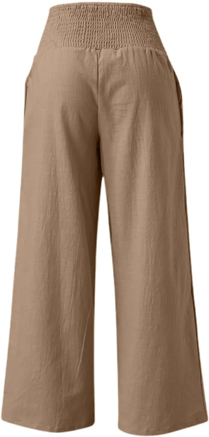 Linen Palazzo Pants for Women High Waist Summer Wide Leg Pants Lightweight Flowy Drawstring Smocked Lounge