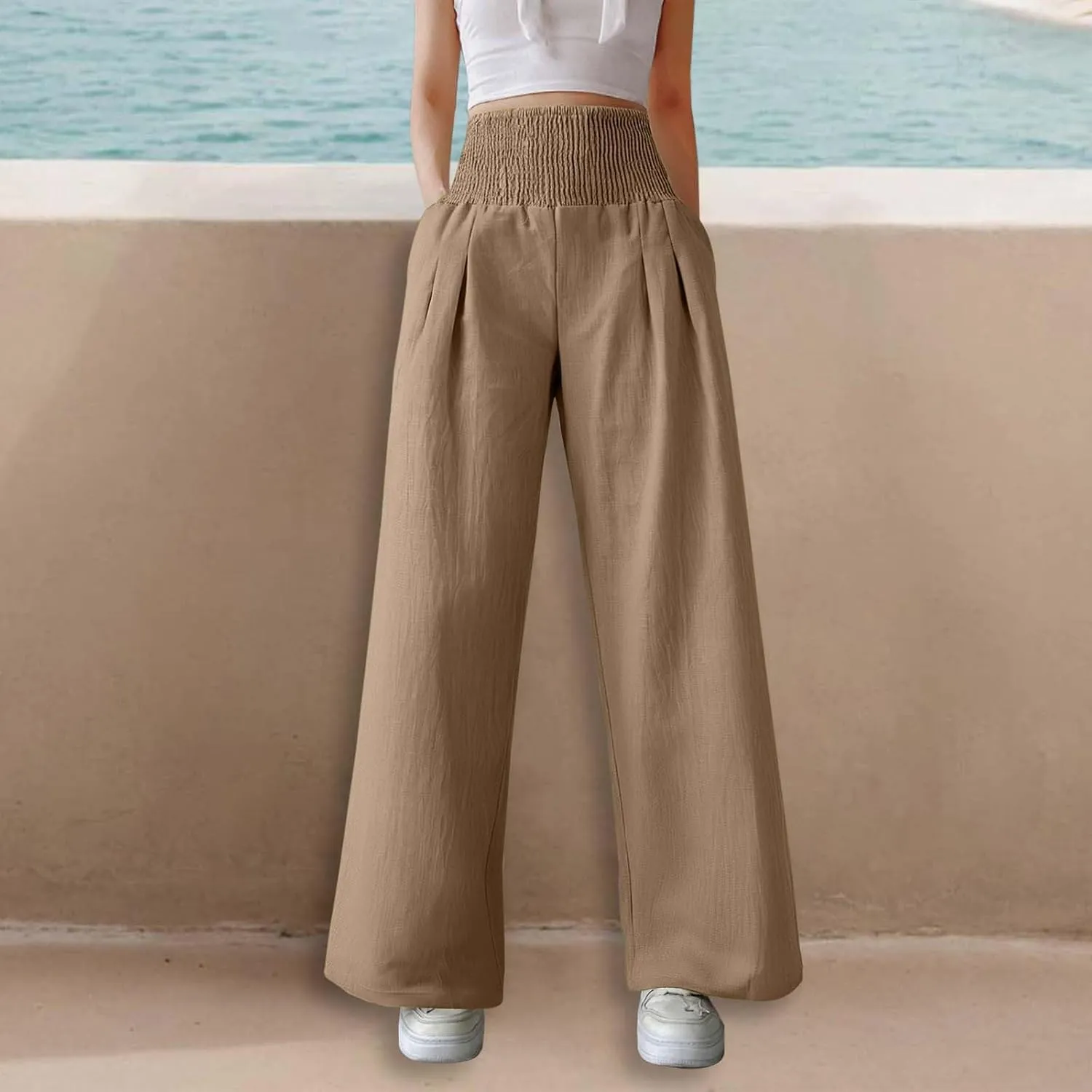 Linen Palazzo Pants for Women High Waist Summer Wide Leg Pants Lightweight Flowy Drawstring Smocked Lounge