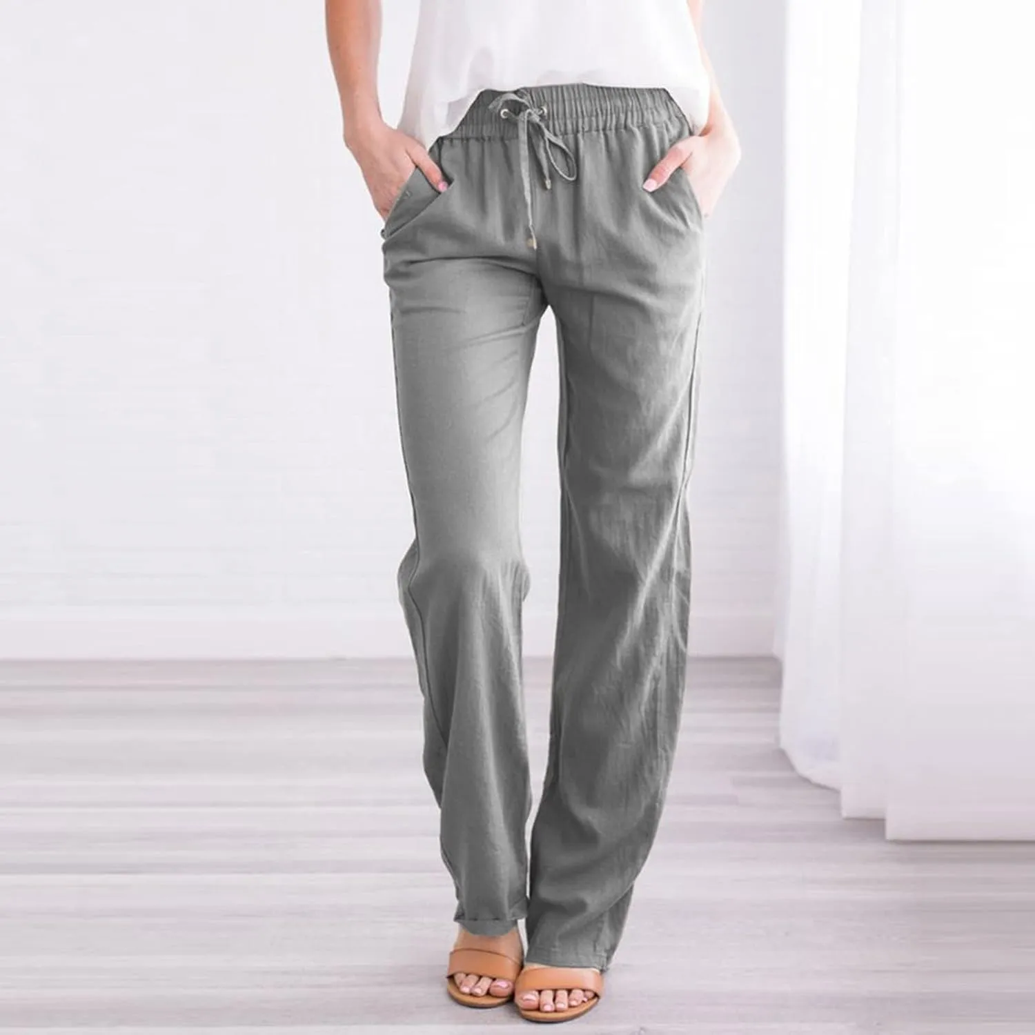 Linen Pants Capri Pants Cotton Linen Elastic Waist Straight Leg Trousers Casual Loose Summer Lounge Long Trousers