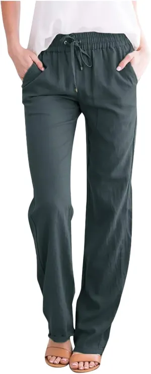 Linen Pants Capri Pants Cotton Linen Elastic Waist Straight Leg Trousers Casual Loose Summer Lounge Long Trousers