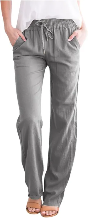 Linen Pants Capri Pants Cotton Linen Elastic Waist Straight Leg Trousers Casual Loose Summer Lounge Long Trousers