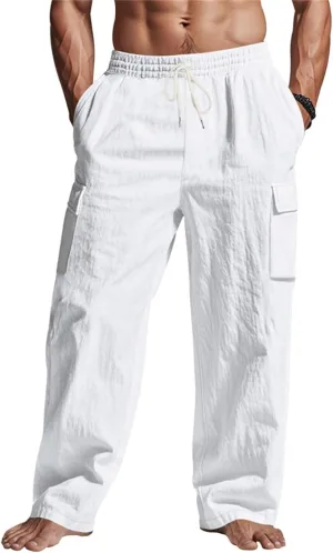 Linen Pants for Men Summer Beach Pants Lightweight Casual Plain Elastic Waist Drawstring Trousers Vacation Slacks