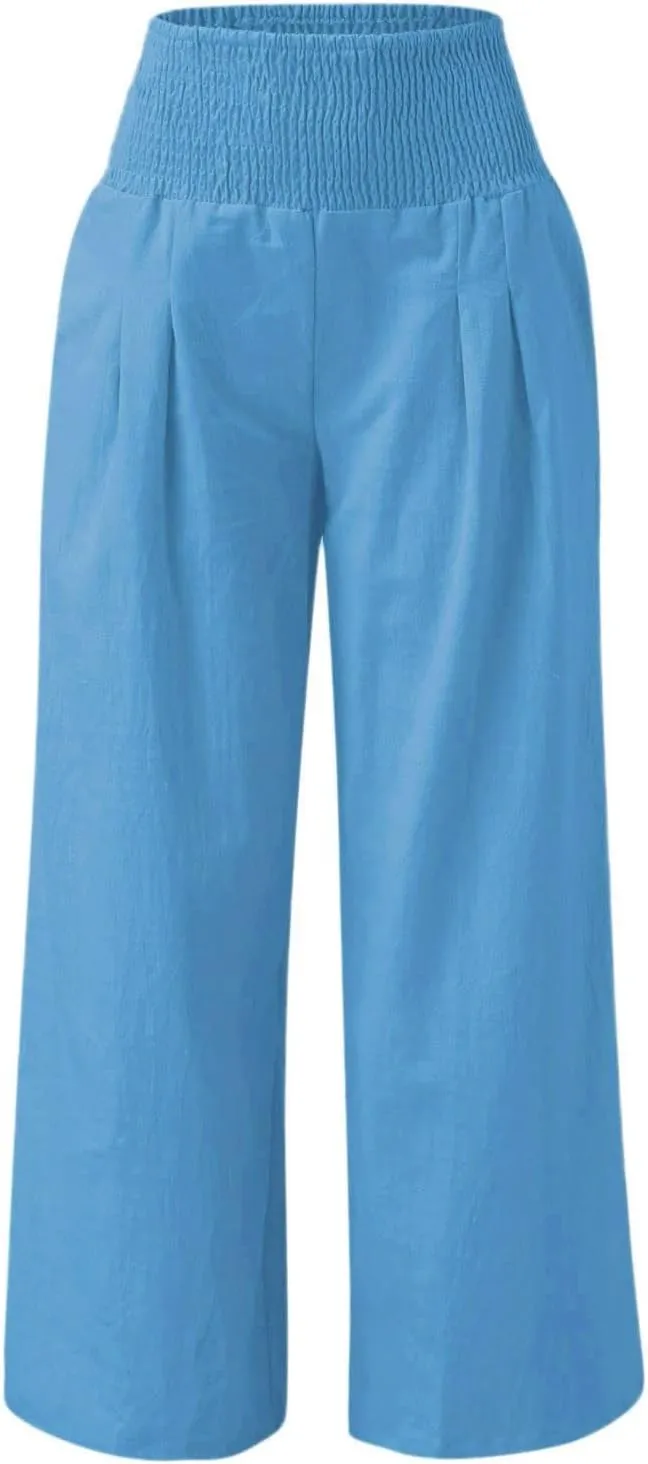 Linen Pants for Women 2024 Summer Plus Size Wide Leg Palazzo Casual Pant Loose Comfy Trendy Boho Beach Trousers with Pockets