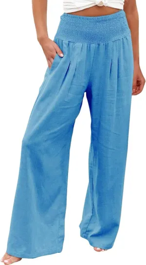 Linen Pants for Women 2024 Summer Plus Size Wide Leg Palazzo Casual Pant Loose Comfy Trendy Boho Beach Trousers with Pockets