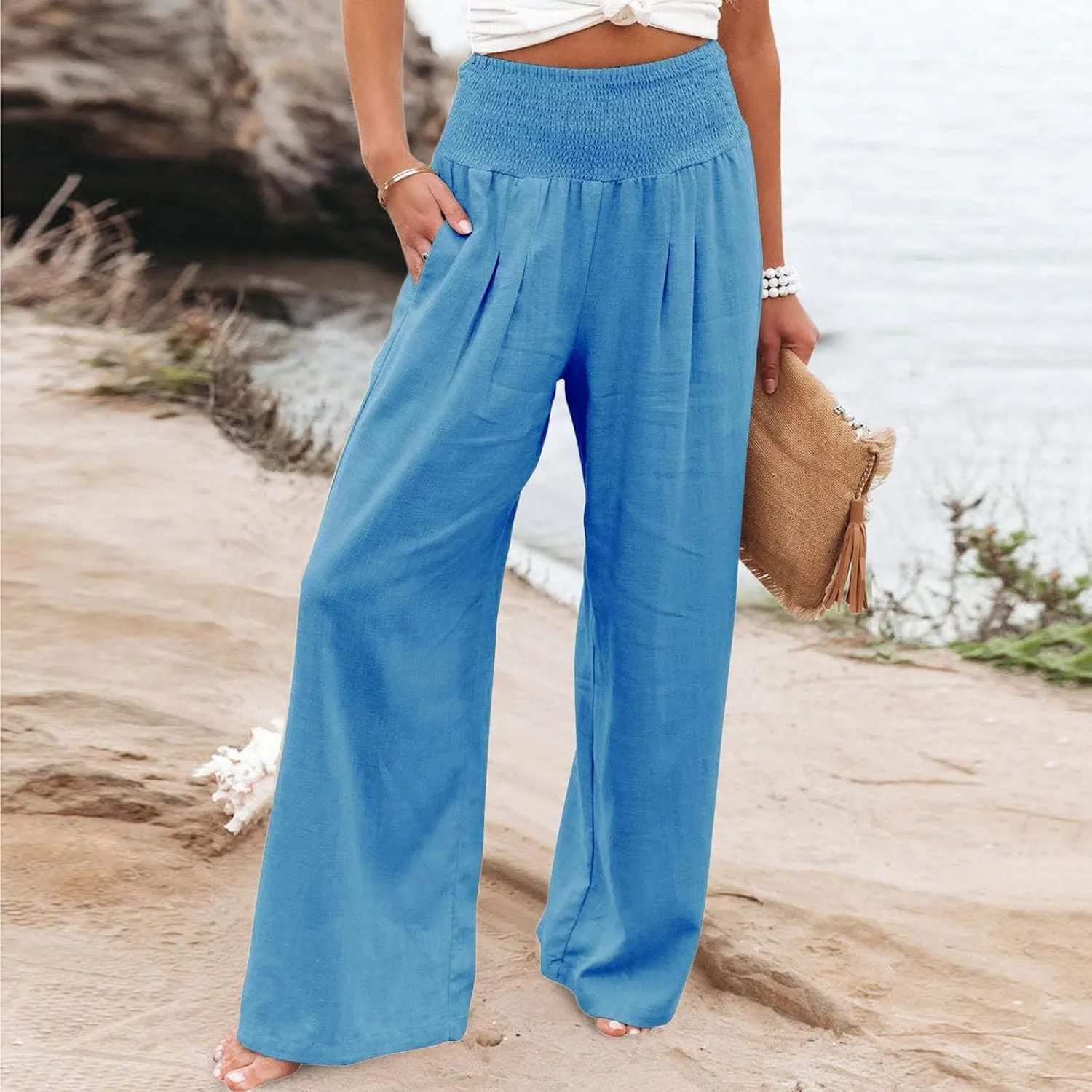 Linen Pants for Women 2024 Summer Plus Size Wide Leg Palazzo Casual Pant Loose Comfy Trendy Boho Beach Trousers with Pockets