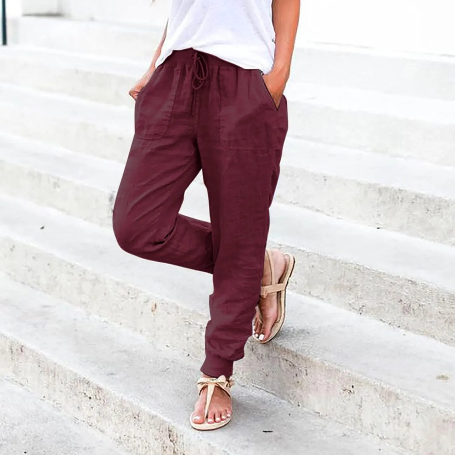 Linen Pants for Women 2025 Summer High Waist Straight Leg Lounge Pant Casual Loose Lightweight Beach Trousers with