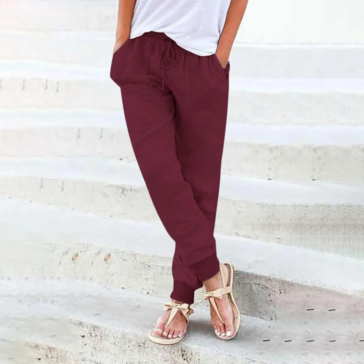 Linen Pants for Women 2025 Summer High Waist Straight Leg Lounge Pant Casual Loose Lightweight Beach Trousers with