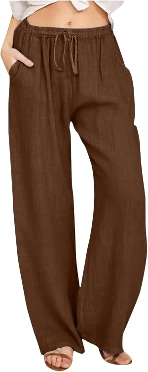 Linen Pants for Women High Waisted Pant Summer Lightweight Cotton Pants Beach Flowy Drawstring Trousers with Pocket