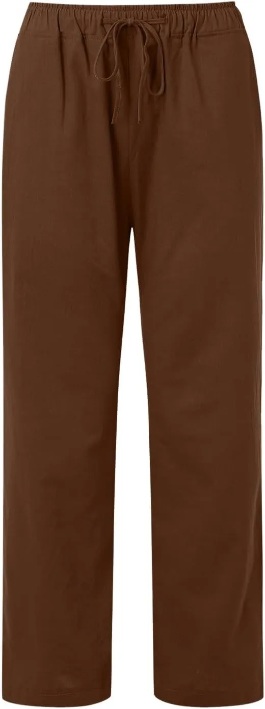 Linen Pants for Women High Waisted Pant Summer Lightweight Cotton Pants Beach Flowy Drawstring Trousers with Pocket