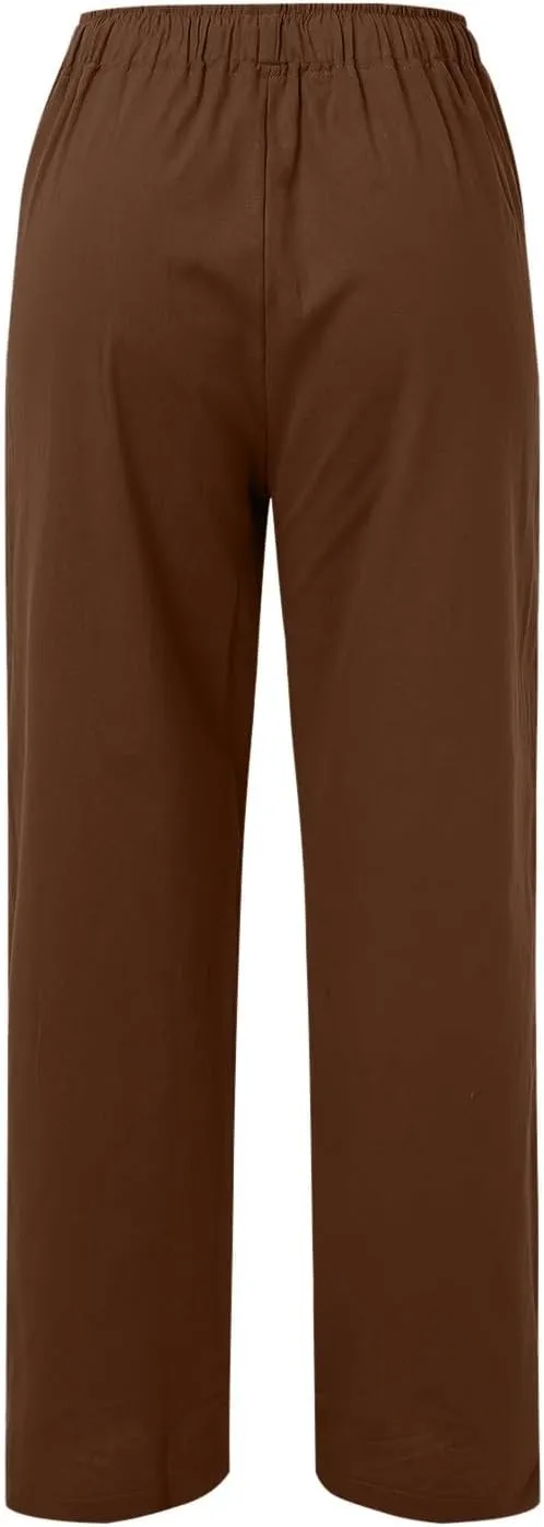 Linen Pants for Women High Waisted Pant Summer Lightweight Cotton Pants Beach Flowy Drawstring Trousers with Pocket
