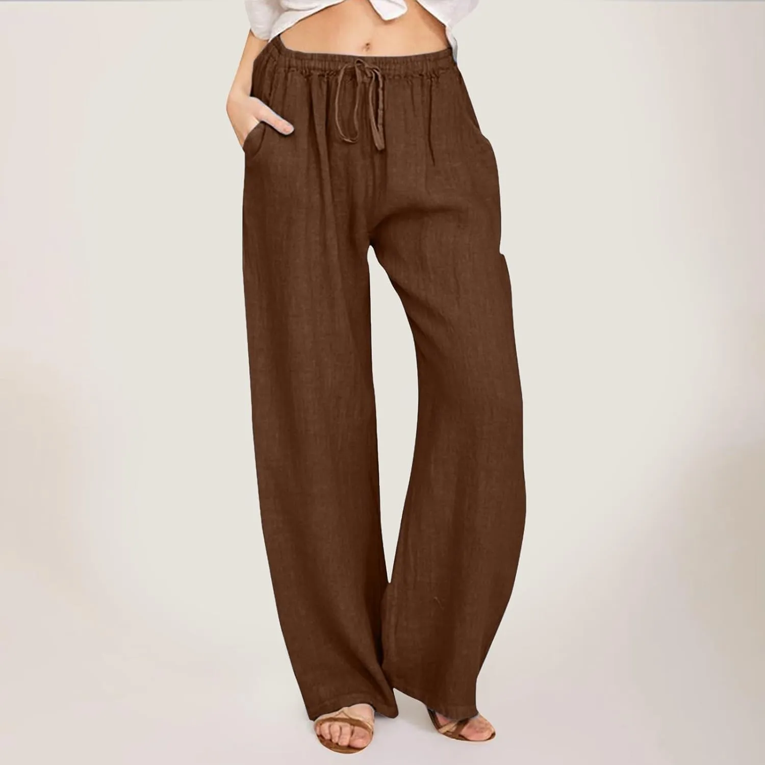 Linen Pants for Women High Waisted Pant Summer Lightweight Cotton Pants Beach Flowy Drawstring Trousers with Pocket