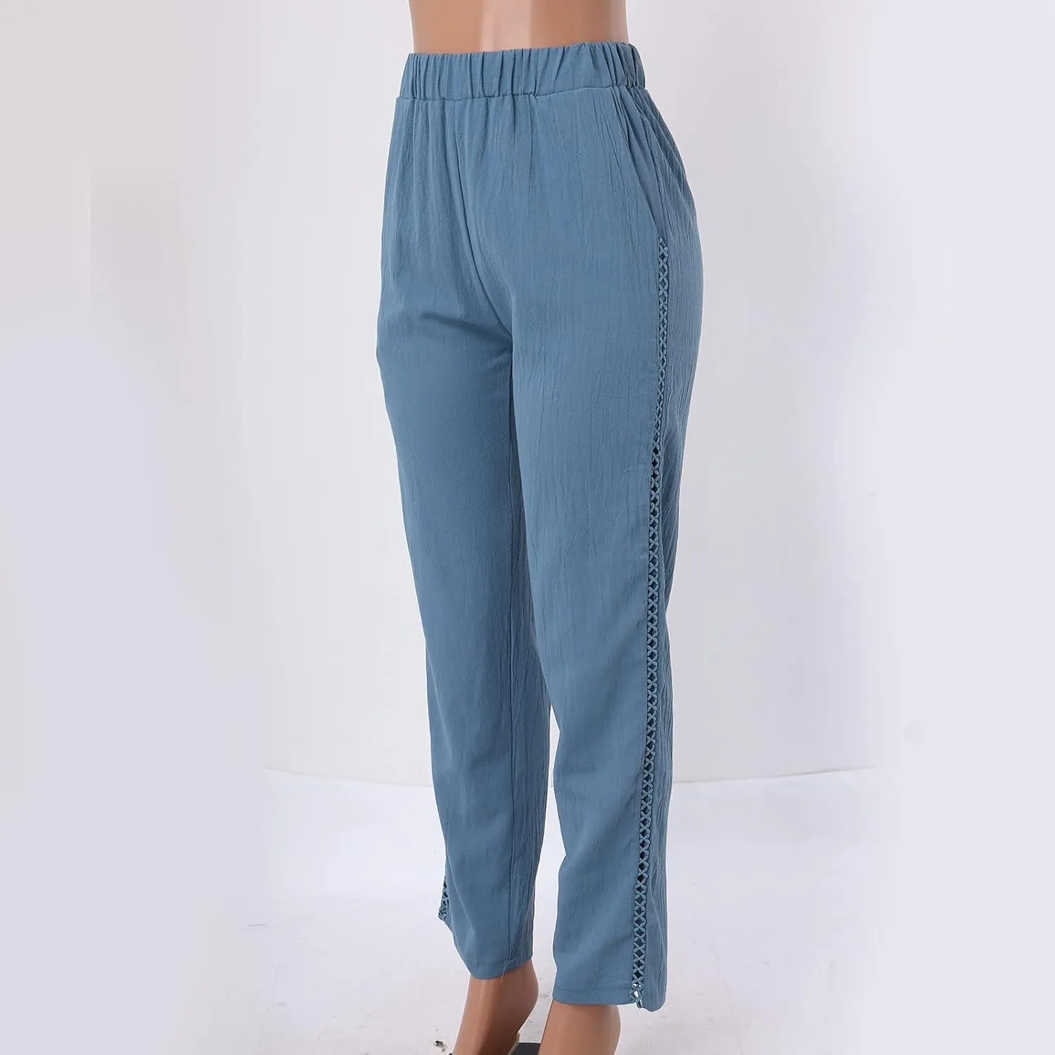 Linen Pants for Women Straight Leg Summer Cotton Side Hollow Trousers Casual High Waist Elastic Linen Beach Pants