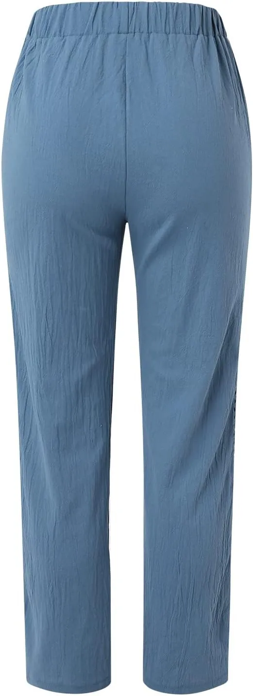 Linen Pants for Women Straight Leg Summer Cotton Side Hollow Trousers Casual High Waist Elastic Linen Beach Pants