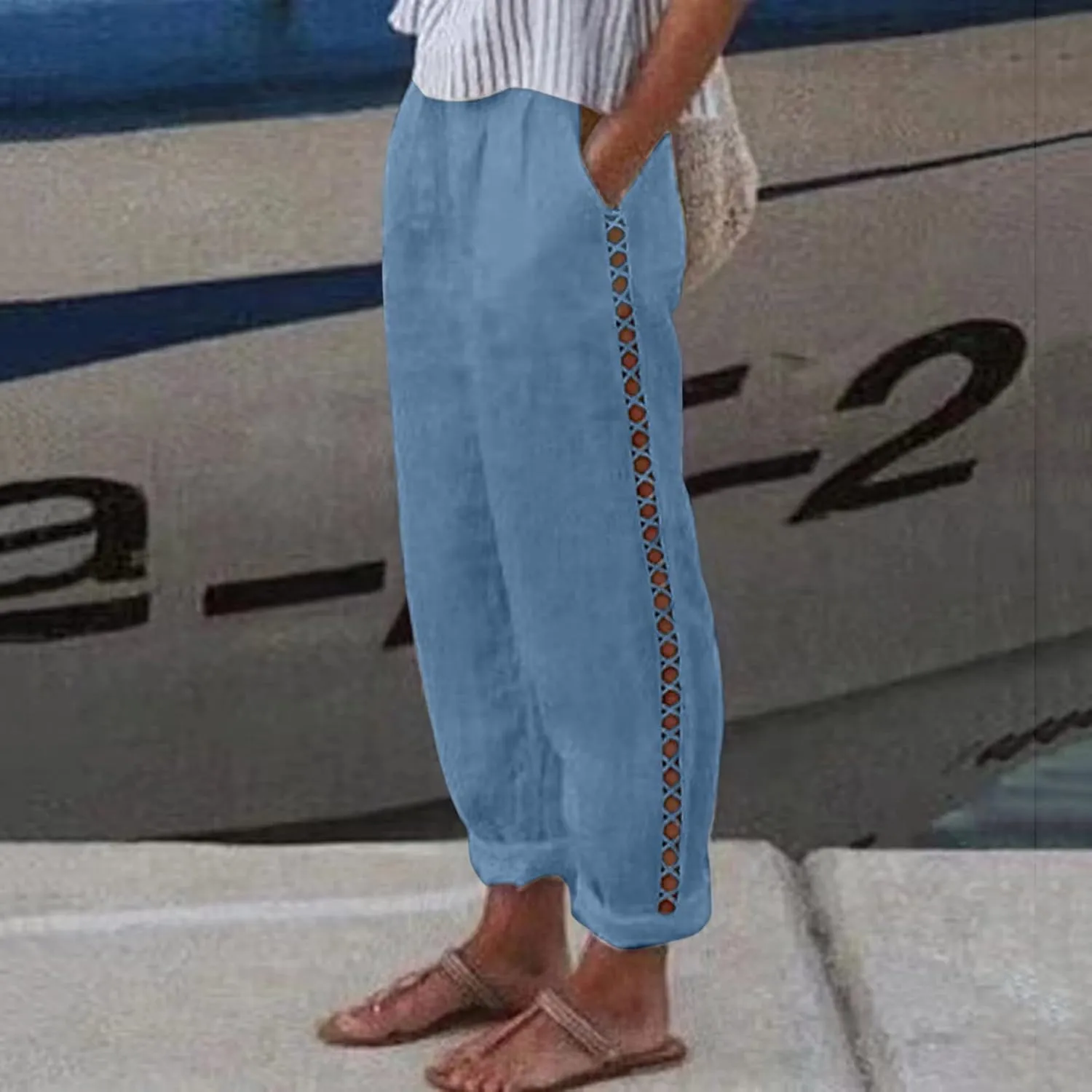 Linen Pants for Women Straight Leg Summer Cotton Side Hollow Trousers Casual High Waist Elastic Linen Beach Pants