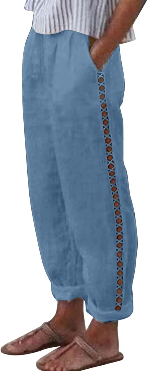 Linen Pants for Women Straight Leg Summer Cotton Side Hollow Trousers Casual High Waist Elastic Linen Beach Pants