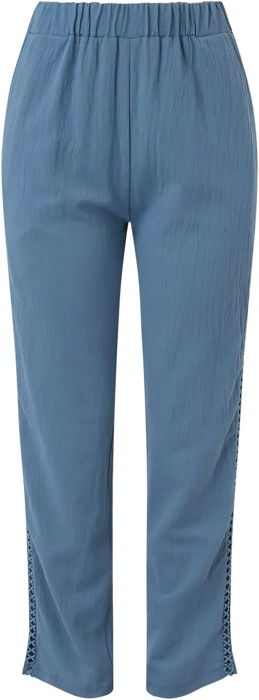 Linen Pants for Women Straight Leg Summer Cotton Side Hollow Trousers Casual High Waist Elastic Linen Beach Pants