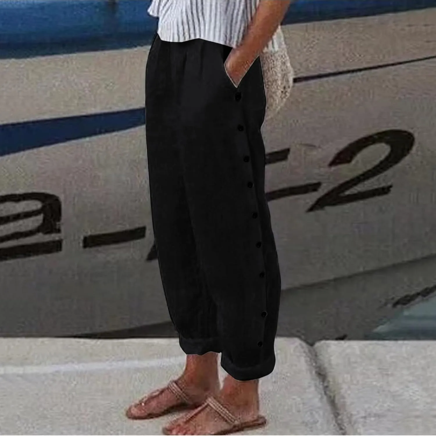 Linen Pants for Women Summer Casual Elastic High Waist Straight Leg Lounge Pants Beach Plus Size Lightweight Trousers