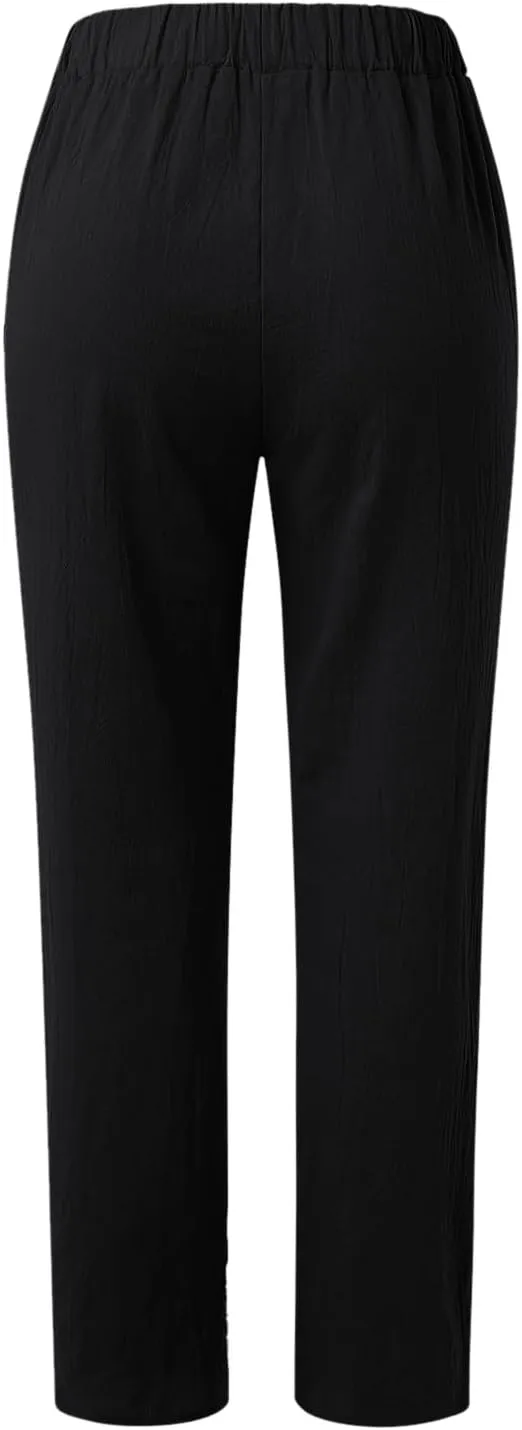 Linen Pants for Women Summer Casual Elastic High Waist Straight Leg Lounge Pants Beach Plus Size Lightweight Trousers