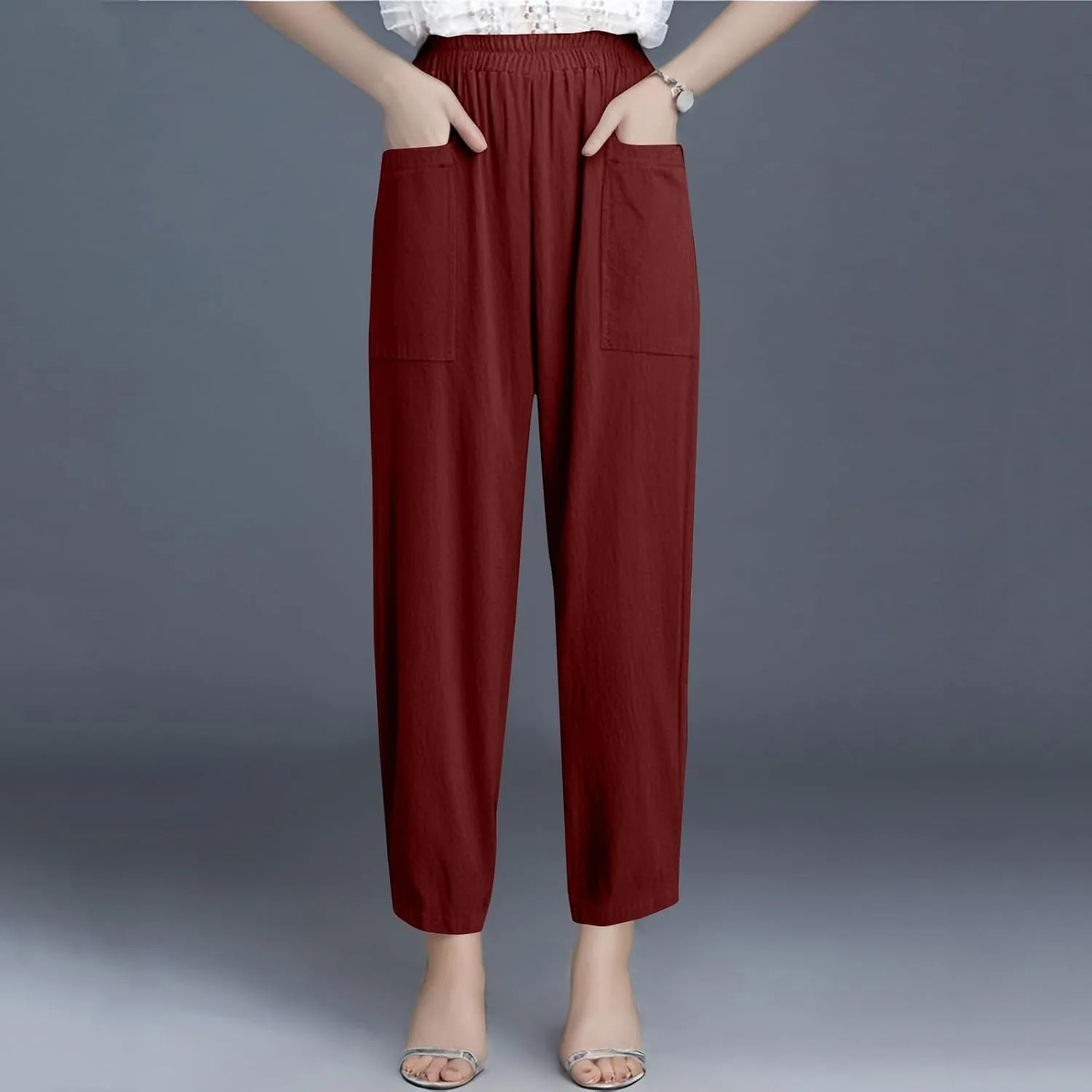 Linen Pants for Women Summer High Waist Palazzo Pants Wide Leg Plus Size Pant Lounge Trousers with Pockets (S-2Xl)