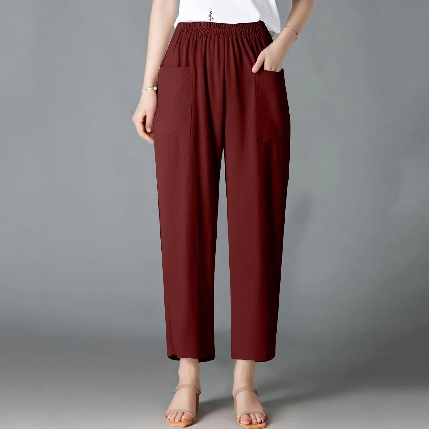 Linen Pants for Women Summer High Waist Palazzo Pants Wide Leg Plus Size Pant Lounge Trousers with Pockets (S-2Xl)